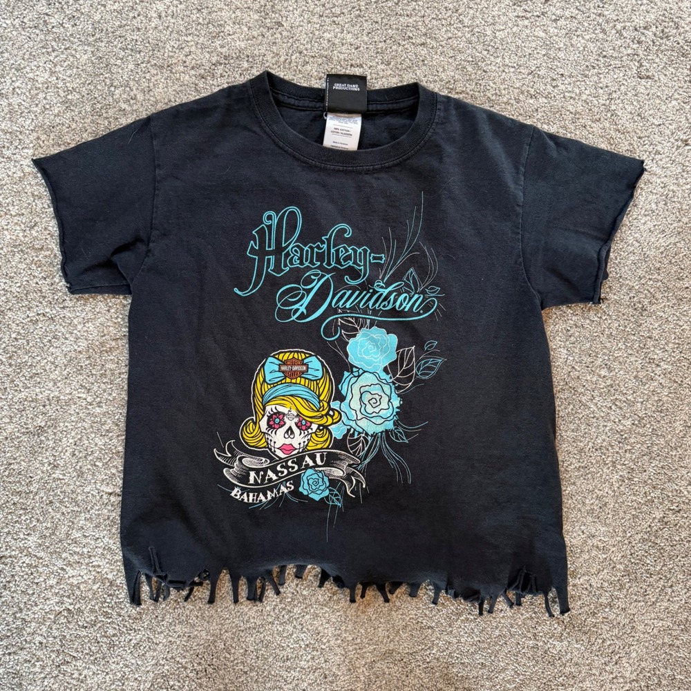 Harley Davidson Nassau Bahamas Sugar Skull Fringed Graphic T-Shirt Womens Small